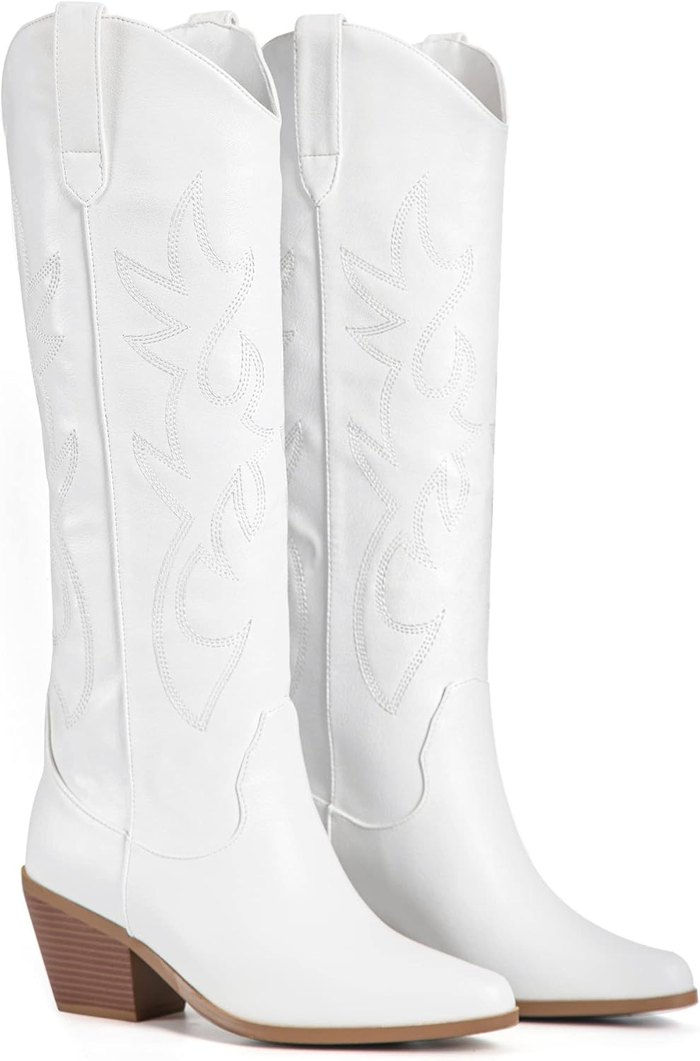 Amazon.com | ZXHYZLZ Women's White Cowboy Boots Knee High Seam Mid Heel Block Heel Almond Pointed... | Amazon (US)
