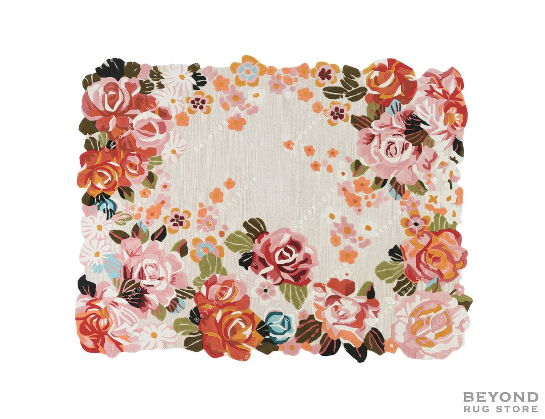 Pink & Red Roses Irregular Shape Hand-Tufted 100% Wool Handmade Area Rug Carpet for Home, Bedroom... | Etsy (US)