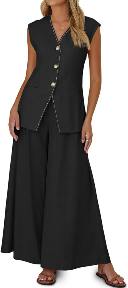Cicy Bell Womens Summer 2 Piece Outfits Button Front V Neck Vest and High Waisted Wide Leg Pants ... | Amazon (US)