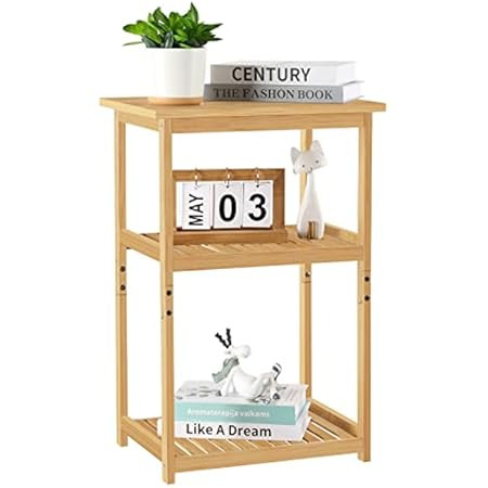 Bamboo Nightstand, 3-Tier Bamboo Side Table with Storage Shelf, Narrow End Table for Small Space, Be | Amazon (US)