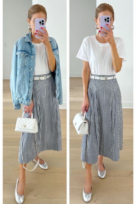 Spring Daytime Look- white tee, oversized denim jacket, striped swingy skirt & some silver ballets! Love this simple combo! Skirt is new find & it's just a great, easy throw on all run true to size 

#LTKshoecrush #LTKSeasonal #LTKfindsunder100