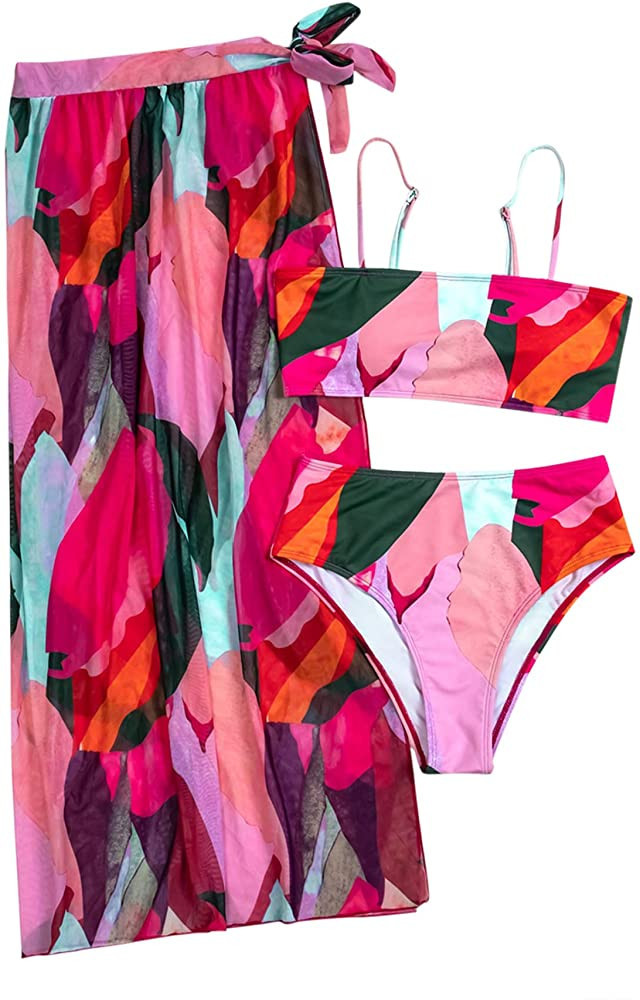 SheIn Women's 3 Pieces Graphic Bikini Swimsuit and Swimwear Cover Up Beach Skirt | Amazon (US)