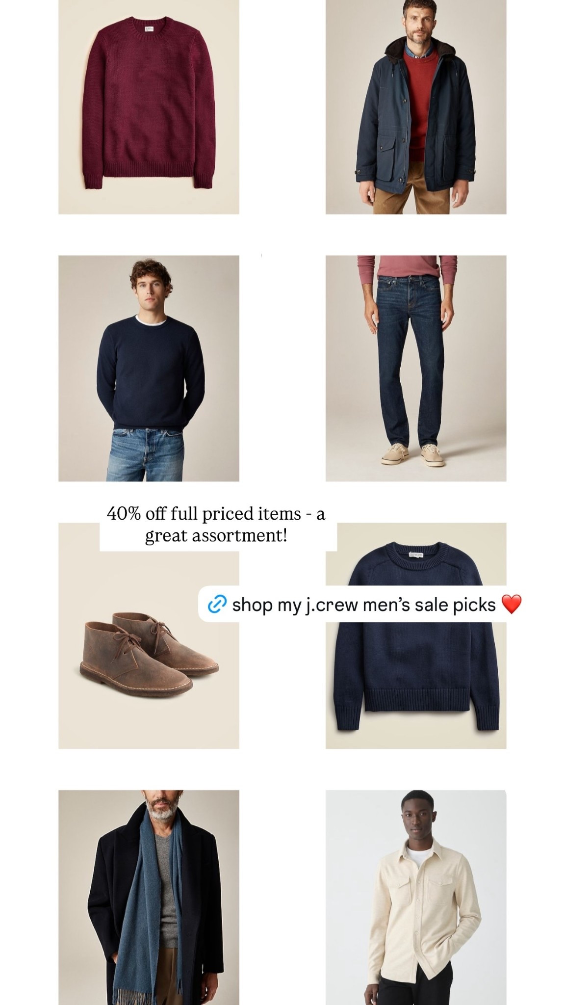 J. Crew Men’s just might look better than the Ladies! 40% off full priced items - a great assortment!

Beautiful mix of sweaters, shoes pants outerwear and more! 

#LTKCyberWeek #LTKFindsUnder100 #LTKHoliday