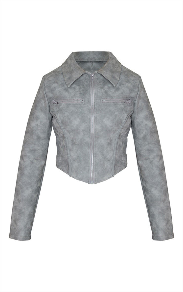 Charcoal Washed Faux Leather Zip Detail Motor Jacket | PrettyLittleThing UK