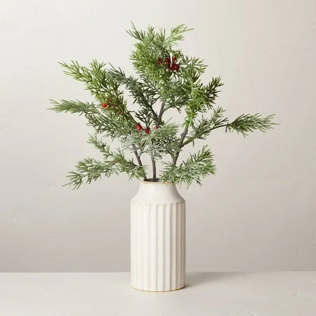 Hearth & Hand 14.5 Faux Cedar & Berry Stems Ceramic Arrangement | Walmart (US)