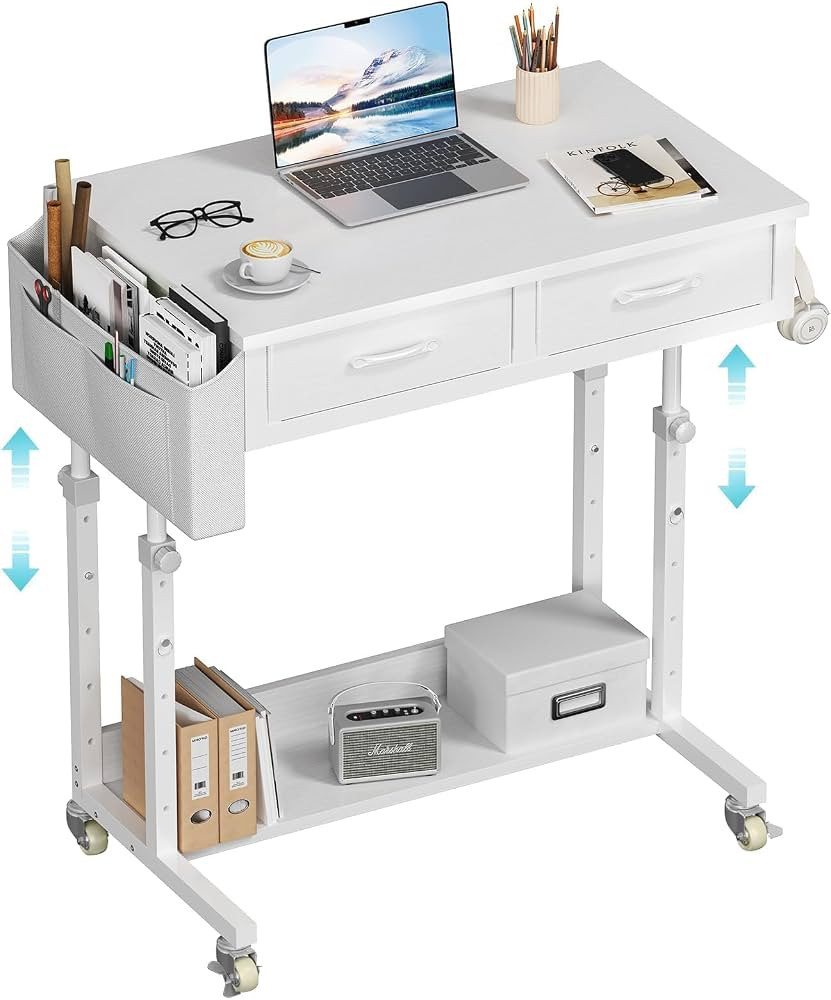 WINAZ Small White Portable Adjustable Rolling Kids Desk with Drawers & Storage Shelf, 32 Inch Mob... | Amazon (US)
