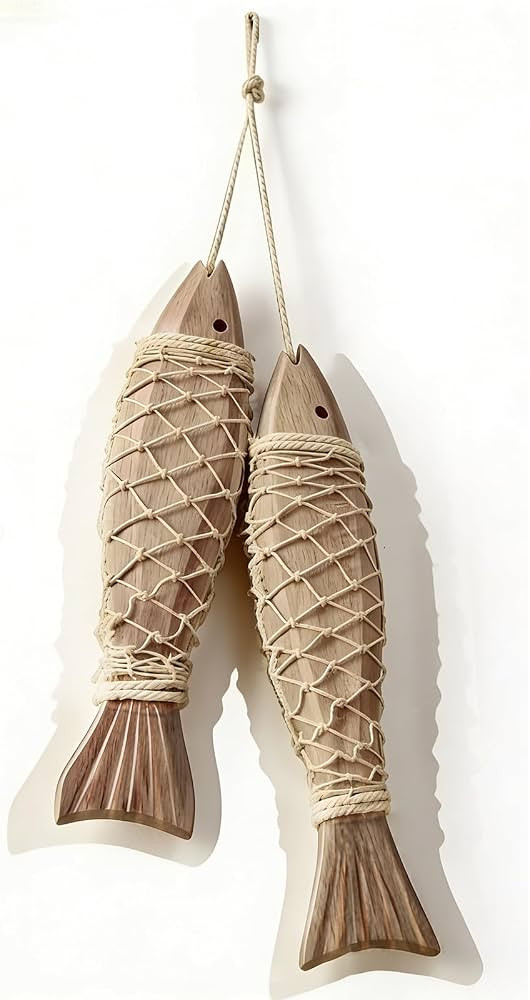 HPZIHYNAP Wooden Fish Decor Wooden Fishing Net with Two Small Fish Ornaments Nautical Style, Fish... | Amazon (US)