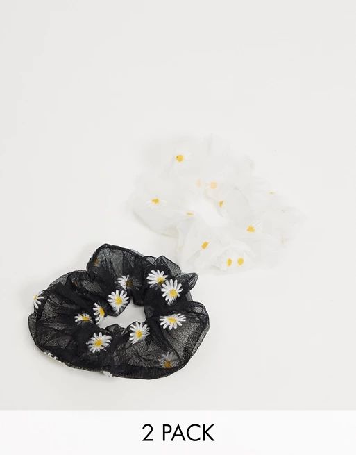 ASOS DESIGN pack of 2 scrunchies with embroidered daisies in black and white | ASOS (Global)