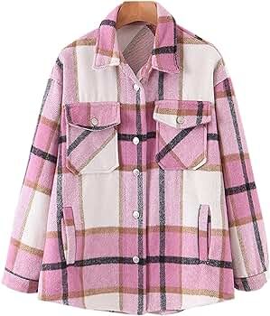Amazon.com: Gihuo Women's Casual Flannel Plaid Shacket Jacket Loose Button Down Shirt Jacket (Blu... | Amazon (US)