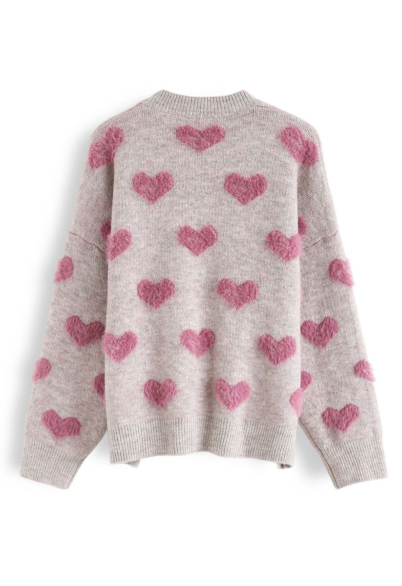 Contrast Color Fuzzy Hearts Knit Sweater | Chicwish