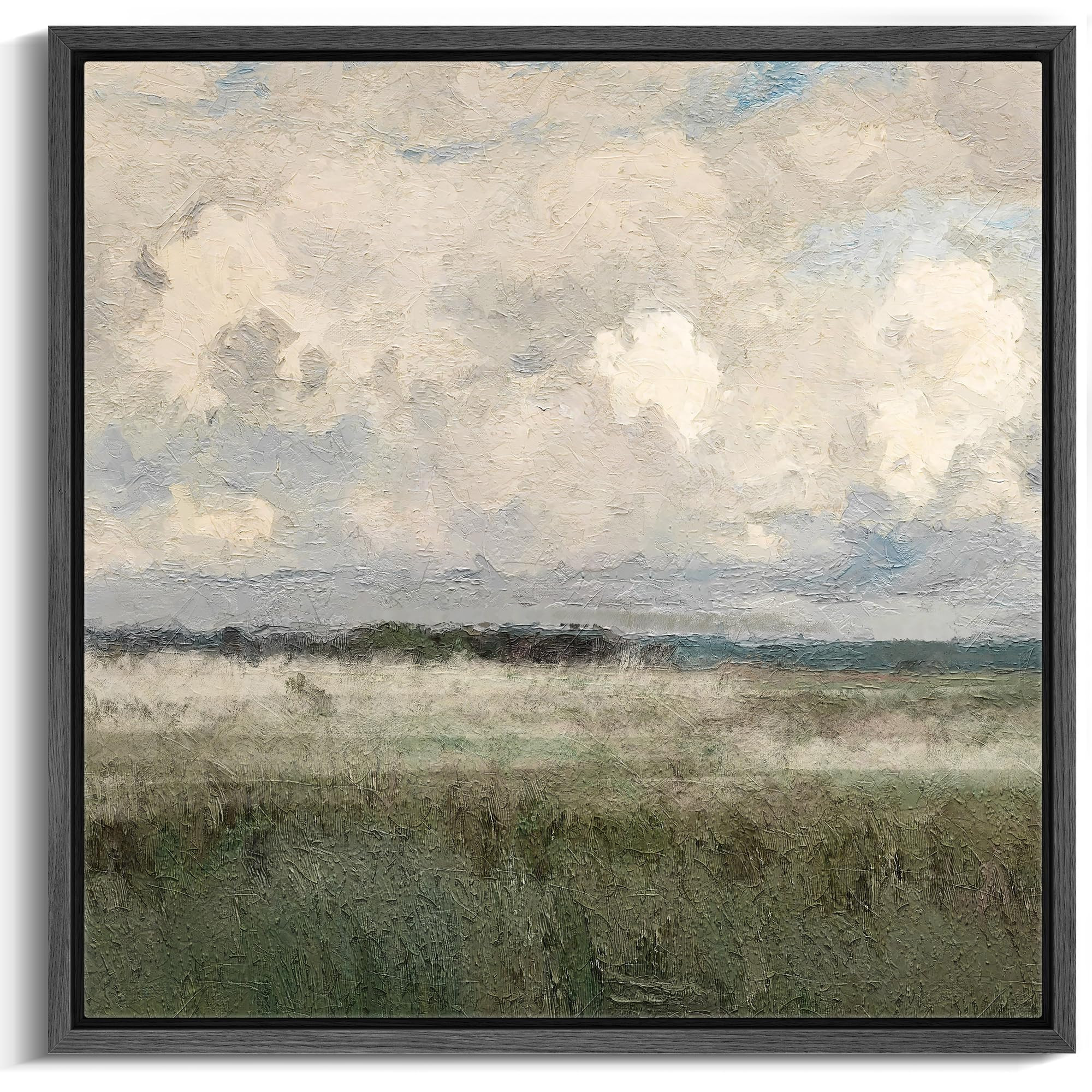 MUDECOR Framed Canvas Print Wall Art Clouds Over Green Fields Countryside Landscape Peaceful Pastoral Illustrations Realism Decorative Panoramic for Living Room, Bedroom, Office - 16"x16" Black | Amazon (US)