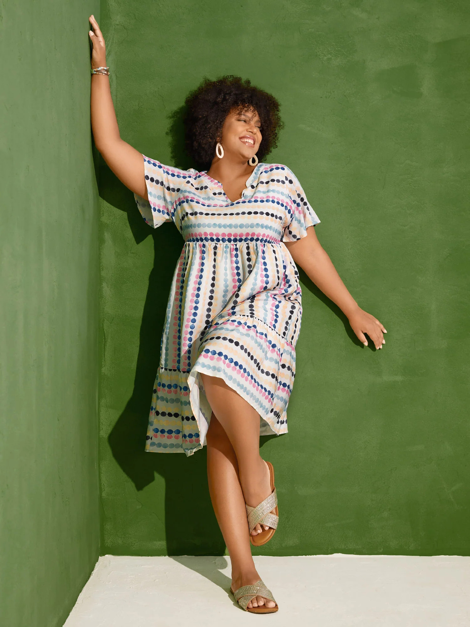 Dot Print Elastic Waist Split Neck Midi Dress | Bloomchic