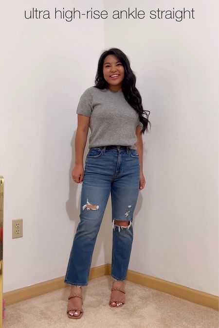 Abercrombie fall denim sales! All denim 25% off + additional 15% off everything else with code DENIMAF 🫶🏼 

These high rise ankle straight jeans  are great fall staples and petite friendly - I’m 5 feet and wearing size 25 short in curve style.  

#LTKsalealert #LTKSeasonal #LTKunder100