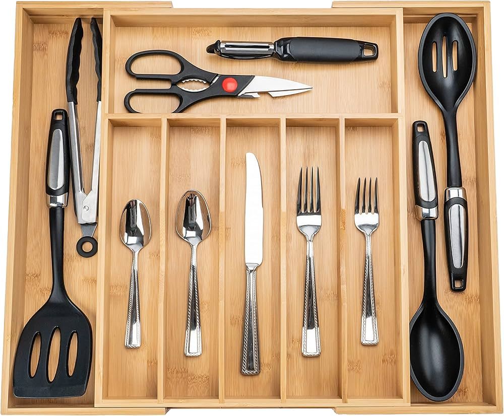 SMIRLY Bamboo Silverware Drawer Organizer - Expandable Kitchen Drawer Organizer, Kitchen Utensil ... | Amazon (US)