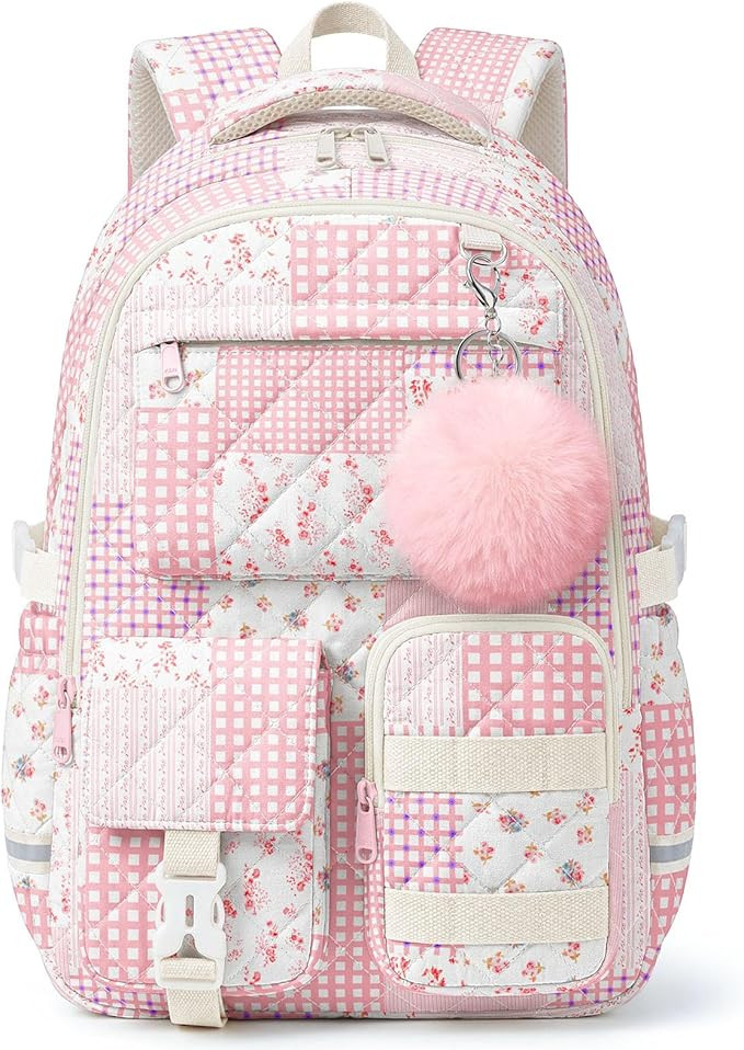 Quilted Backpack for Teen Girls,Cute Pink Patchwork School Backpack with Multi-Pocket Design,Ligh... | Amazon (US)