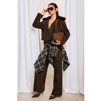 boohoo Women's Short Suede Look Trench Coat With Fur Collar in Chocolate | Size: 4 | boohoo (US & Canada)