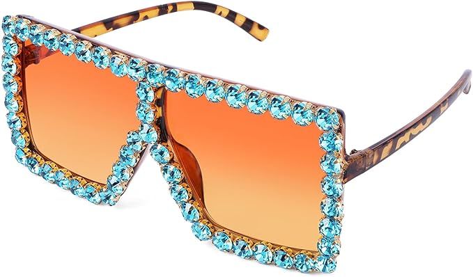 FEISEDY Oversized Sparkling Crystal Sunglasses Disco Diamond Flat Top Fashion Square Large Shades... | Amazon (US)