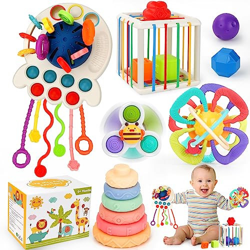 Baby Toys 6-12 Months,5 in 1 Montessori Toys for Babies 6-12 Months,Pull String Infant Teething Toys,Stacking Rings,Color Shape Sensory,Suction Cup Spinner Toys for 6-9-12 to 18 M+ Birthday Gifts | Amazon (US)