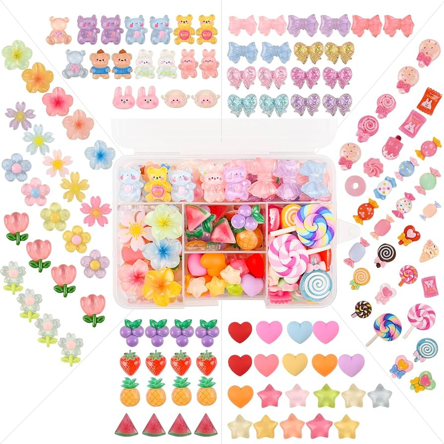 128PCS Cute Slime Resin Charms Kawaii Flatback Resin Animals Flowers Candy Charm Embellishments f... | Amazon (US)