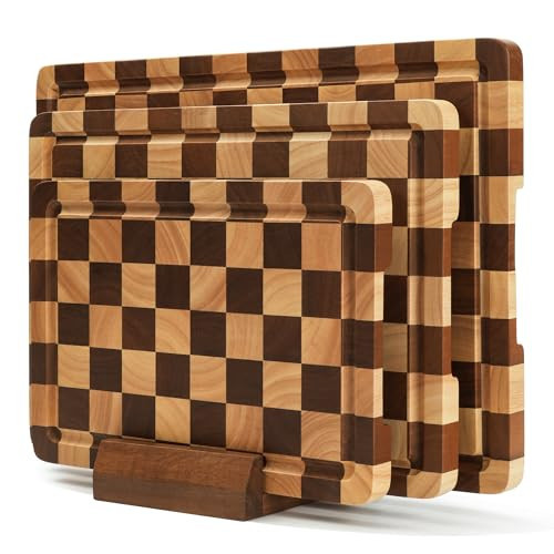 Checkered Cutting Board Set for Kitchen - 3 PCS Wood Checkerboard End Grain Chopping Board with Holder & Juice Groove, Wooden Cutting Boards for Meat, Vegetables, Fruits (S, M, L) | Amazon (US)