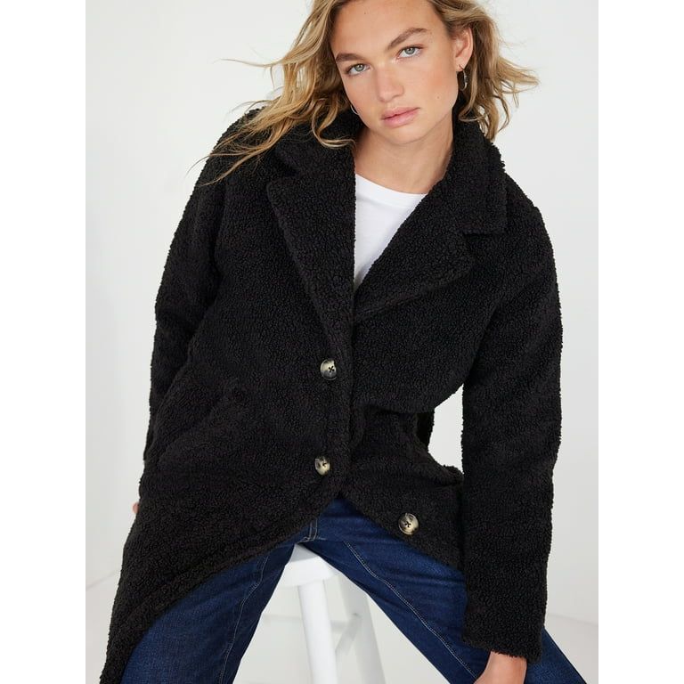 Time and Tru Women's Notch Collar Faux Sherpa Coat, Sizes XS-3X | Walmart (US)