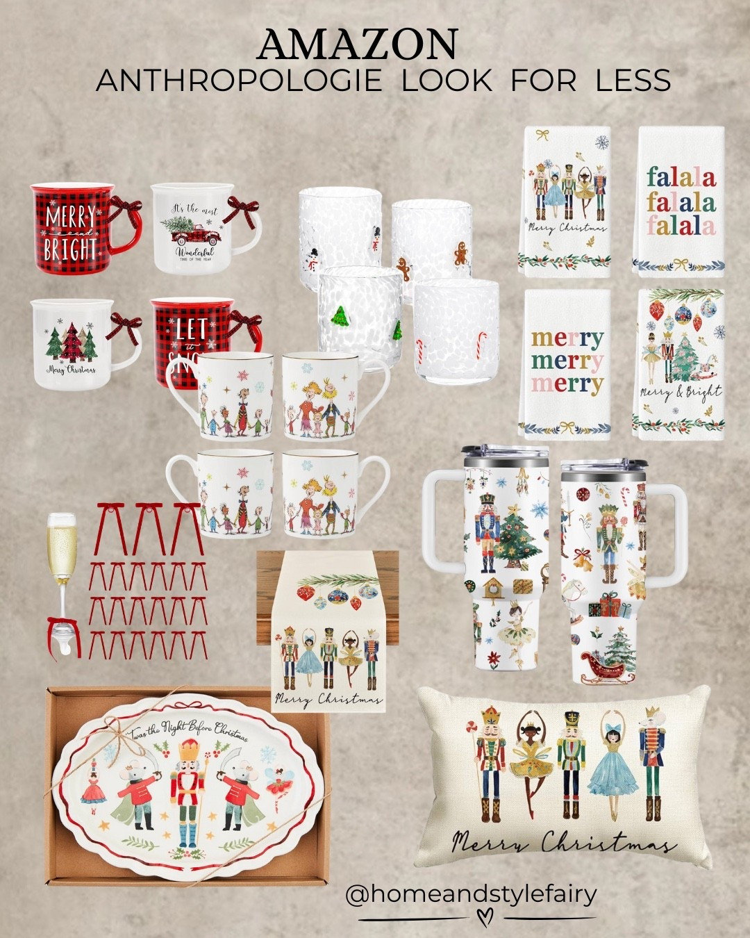 Anthropologie look for less✨
Bring Holiday Cheer to your gatherings with this beautiful tableware. The details and texture exude luxury without the price tag. 

4 Pcs Christmas Icon Glass Cups Set, 4Pcs Christmas Mini Mugs with Plaid Ribbon, Christmas Nutcracker 40oz Tumbler with Handle and Straw, 10Pcs Bow Wine Glass Charms, Red Velvet Bows Drink Tags, Nutcrackers Merry Christmas Kitchen Towels, Nutcrackers Xmas Balls Merry Christmas Table Runner, Ncracker Boxed Sentiment Plates, Christmas Nutcracker Throw Pillow Cover, 

#LTKHome #homeinspo #LTKSeasonal #ChristmasCups #FestiveTableware #chrismasgifts #holidaygiftideas

#LTKwinter #LTKstyletip #LTKcanada