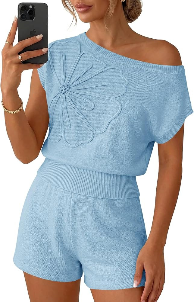 Saodimallsu Womens Off The Shoulder 2 Piece Sweater Sets Short Sleeve Floral Tops Summer Matching... | Amazon (US)