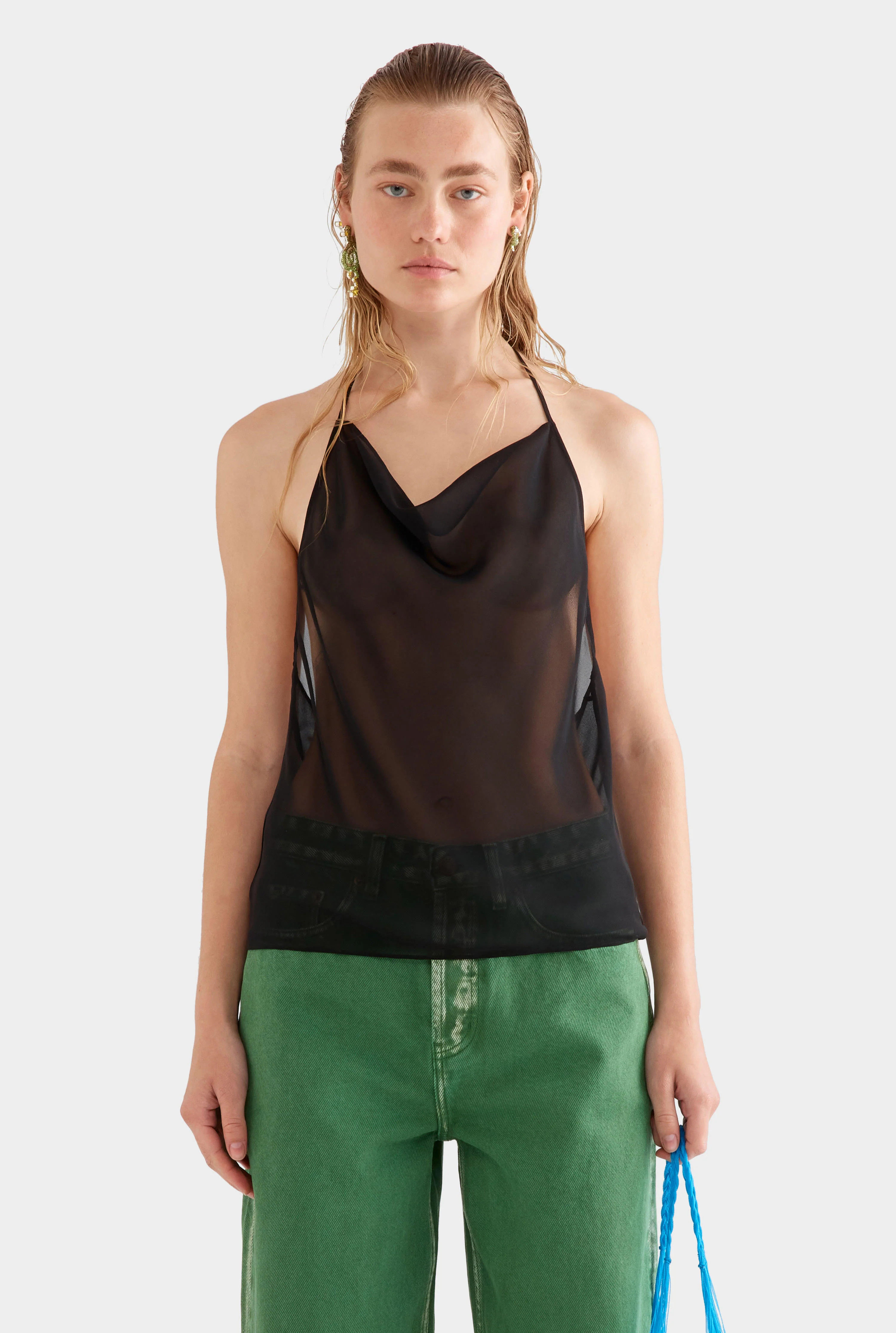 Sheer Silk Cowl Neck Halter Top in Black | Venroy | Venroy AU