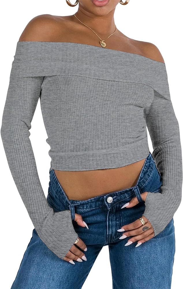 PICPUNMAK Women Basic Fitted Long Sleeve Off Shoulder Crop Tee Top with Thumb Hole Rib Knit Sweat... | Amazon (US)