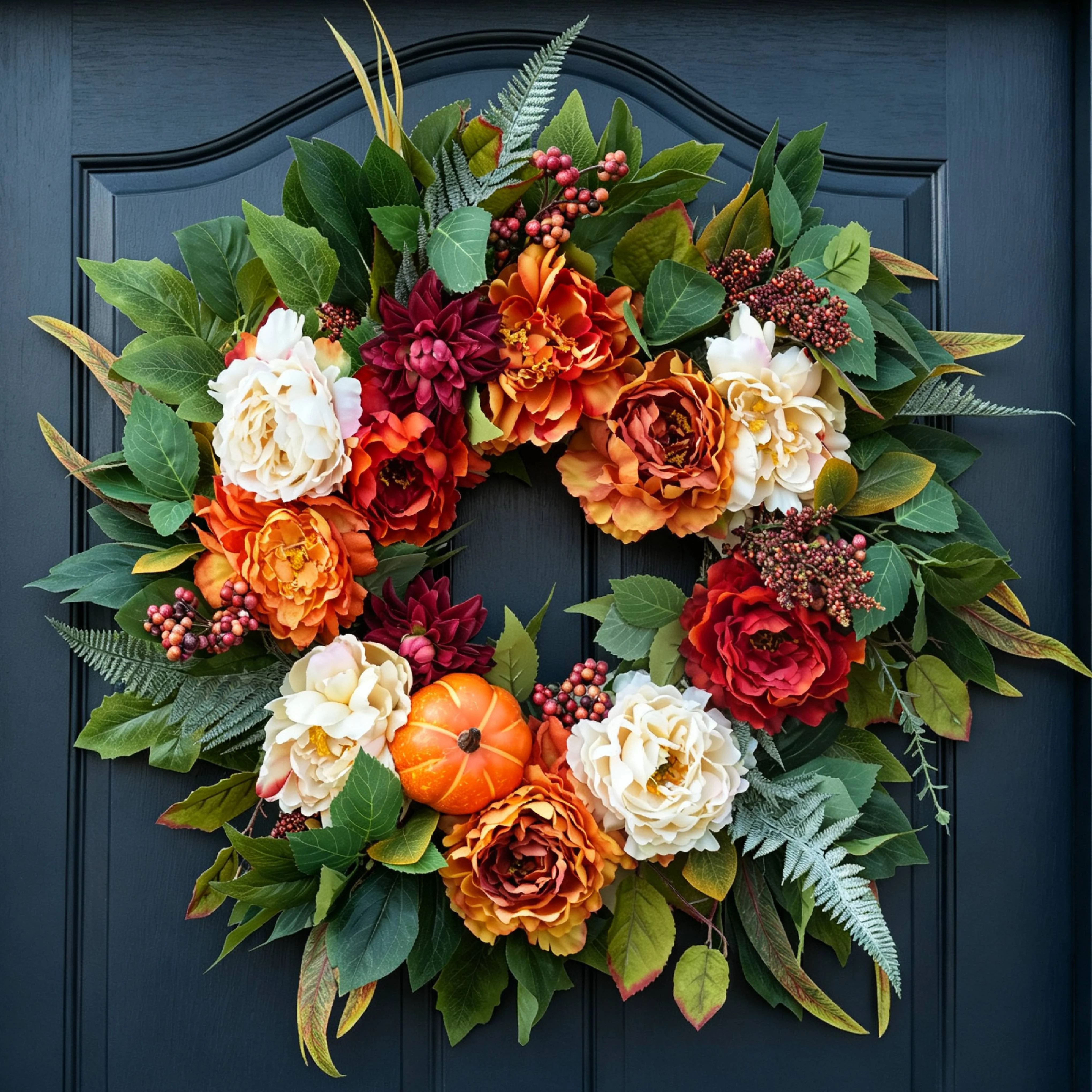 24 Inch Fall Wreath for Front Door – Full Autumn Peony & Maple Leaf Floral Wreath with Pumpkins, Berries & Mixed Foliage, Farmhouse Thanksgiving Door | Wayfair North America