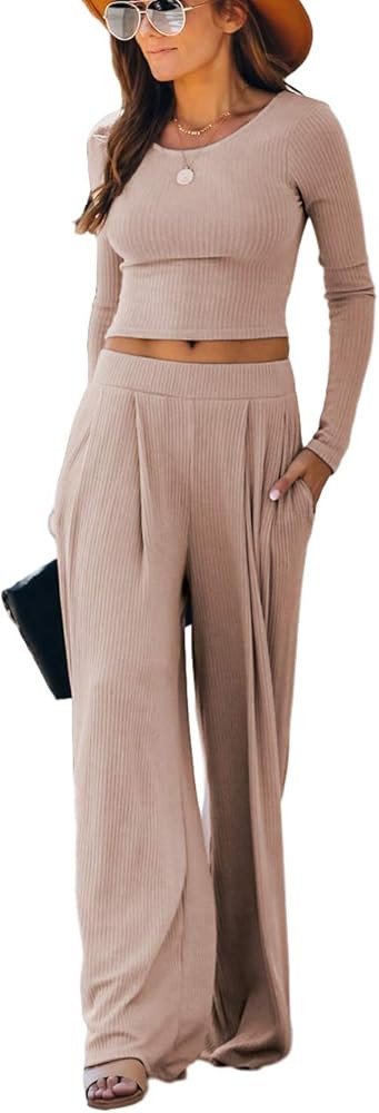 Lounge Set Womens, Outfits Sets, Ribbed Crop Top Long Sleeve, Palazzo Pants - Loose Sweatsuit Kni... | Amazon (US)
