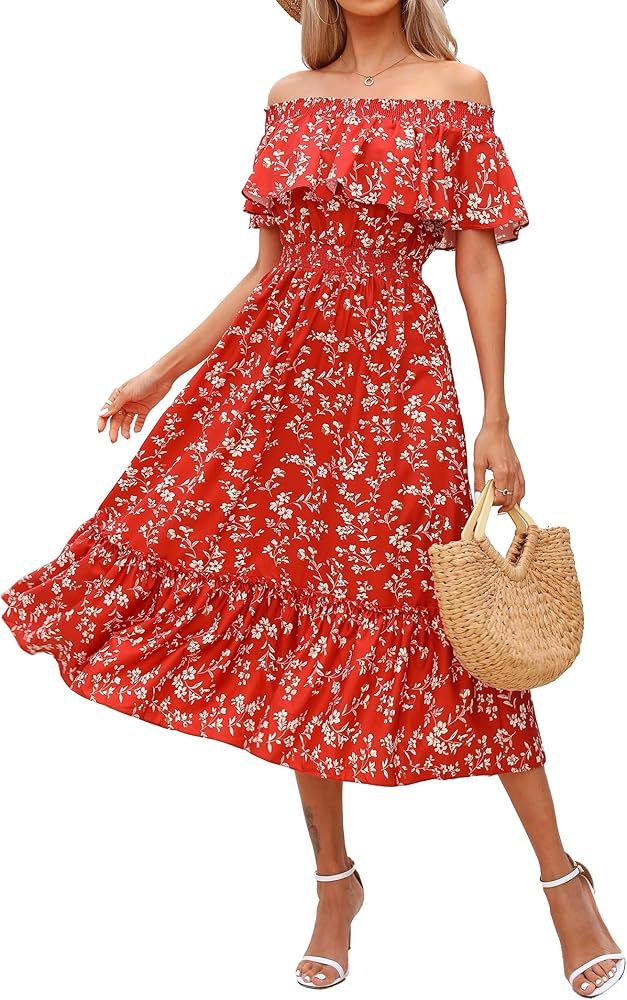 Women's Casual Boho Off Shoulder Midi Dress Floral Print Short Sleeve A Line Flowy Summer Beach V... | Amazon (US)