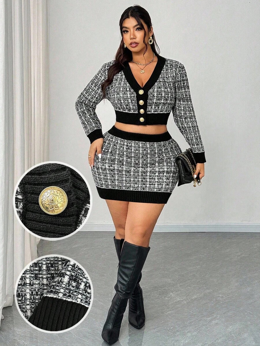 Elenzga Women's Autumn/Winter Fashion Sexy Black & White Contrast Color Knit Plus Size Sweater Se... | SHEIN