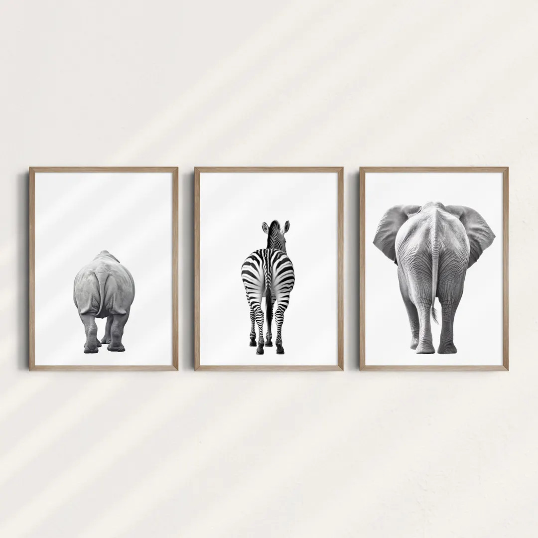 Set of 3 Rhino, Zebra, and Elephant Butts, Animal Prints, Printable Wall Art, Animal Butts, Anima... | Etsy (US)