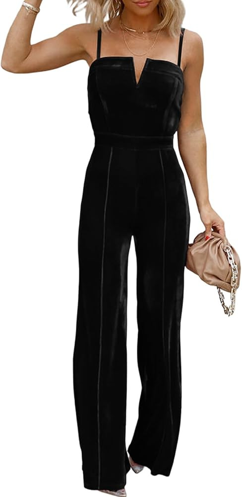 BLENCOT Sleeveless Velvet Jumpsuits For Women V Neck Spaghetti Straps Wide Leg Long Pants Dressy ... | Amazon (CA)