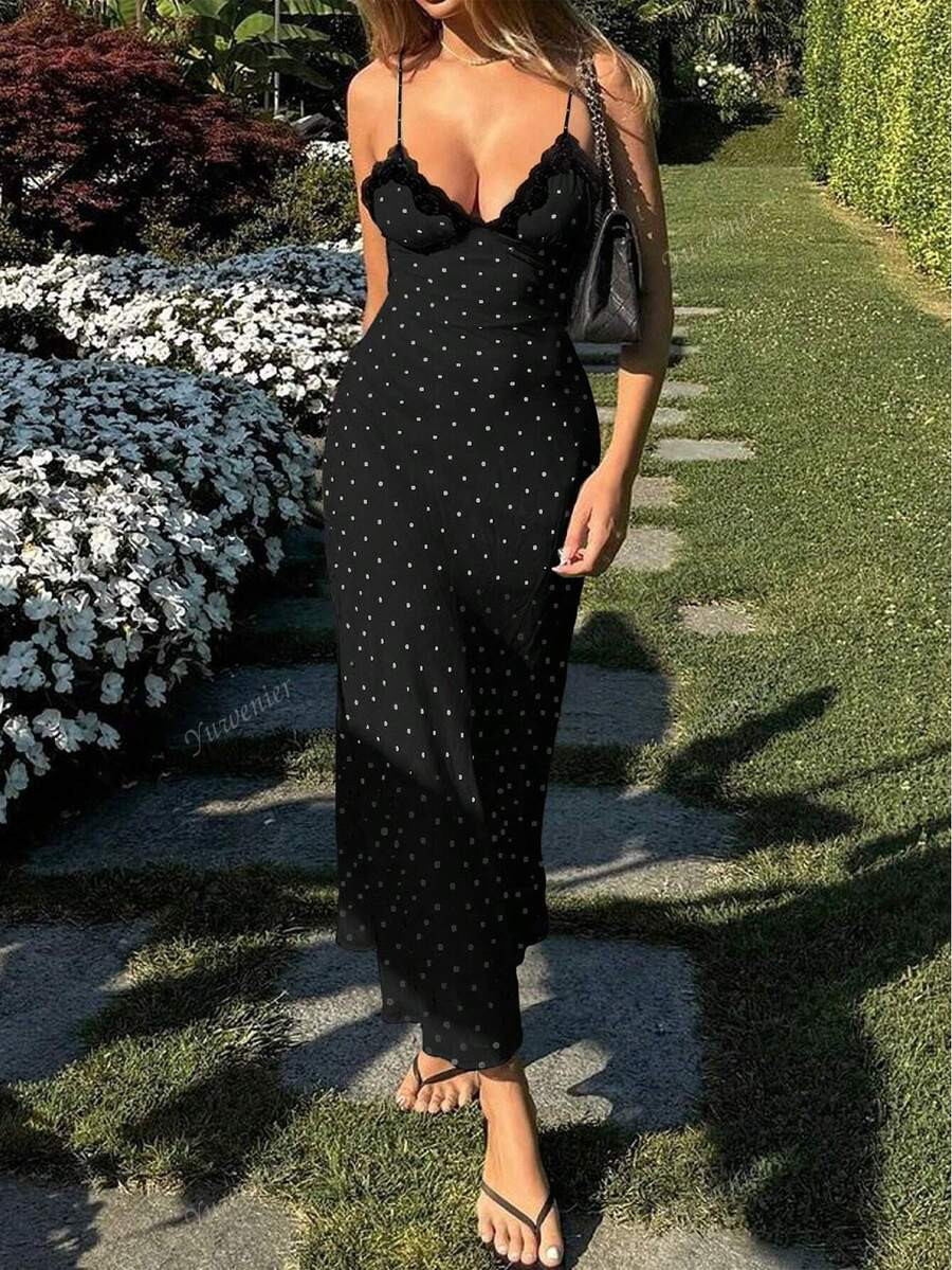 Yuwenier Elegant Romantic A-Line Satin Polka Dot Print Long Dress Backless Colorblock Lace Splici... | SHEIN