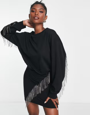 ASOS DESIGN body-conscious mini sweats dress with diamante fringing in black | ASOS | ASOS (Global)