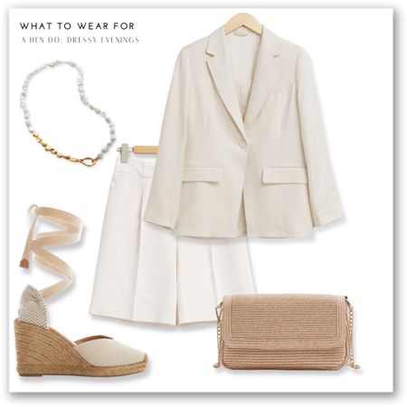 A linen neutral evening look for a hen do 🫶

Bride to be, co-ord, suit style, summer wedges, pearl necklace, raffia clutch bag 

#LTKSeasonal #LTKstyletip #LTKeurope