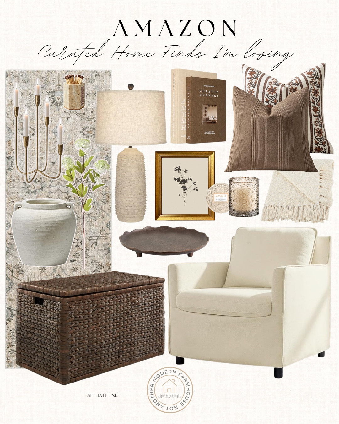 Curated home finds from Amazon include accent chair, wicker storage chest, tray, throw pillows, throw blanket, candle, wall art, table lamp, decorative books, runner rug, candelabra, vase, match holder, floral stem.

Home decor, styled home, neutral home, looks for less, neutral decor

#LTKSaleAlert #LTKHome #LTKSeasonal