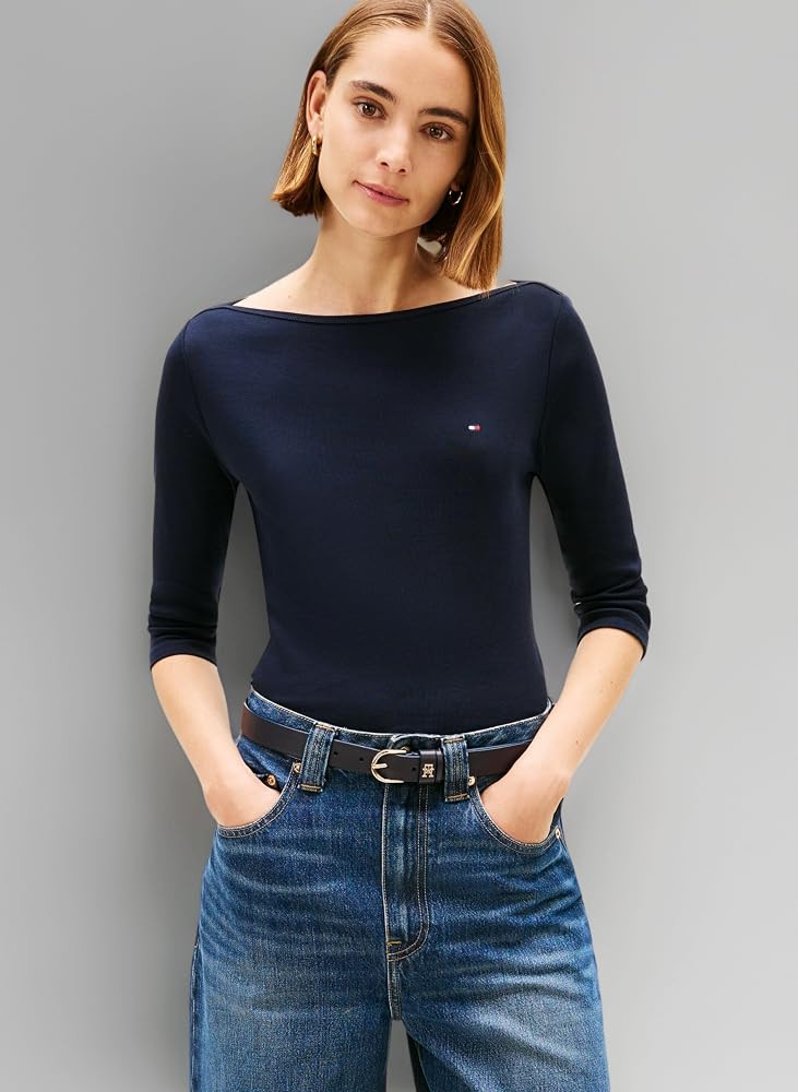 Tommy Hilfiger Women's Long Sleeve Slim Fit Boat Neck Top | Amazon (UK)