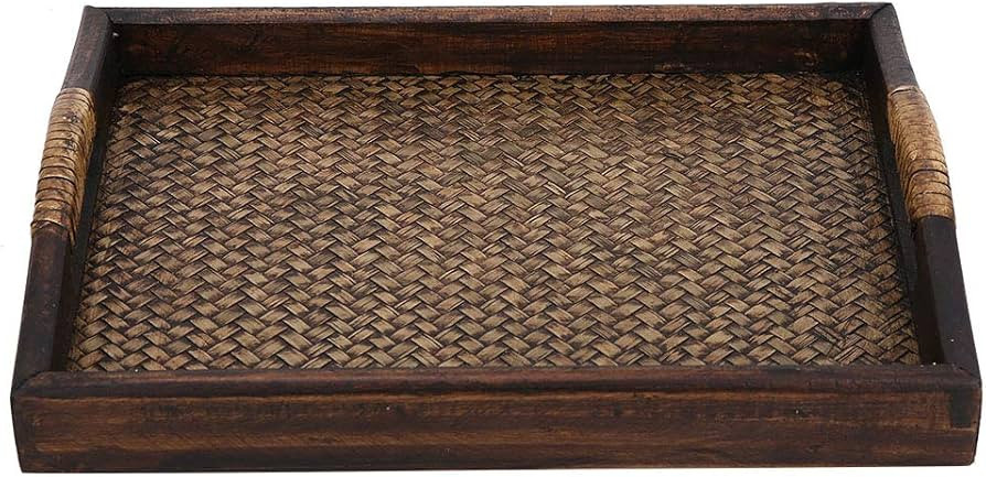 Wooden Serving Tray, Hand-Woven Rattan Rectangle Food Service Display Tray with Raised Handles, 9... | Amazon (US)