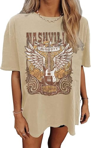 Nashville Music City T Shirt Women Country Music Oversized Shirts Rock Band Tshirt Vintage Guitar Wings Graphic Tees(P15Beige2,XL) | Amazon (US)