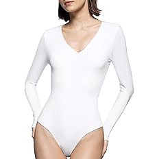 PUMIEY Bodysuits for women V Neck Long Sleeve Body Suit Sexy Tops Smoke Cloud Pro Collection | Amazon (US)
