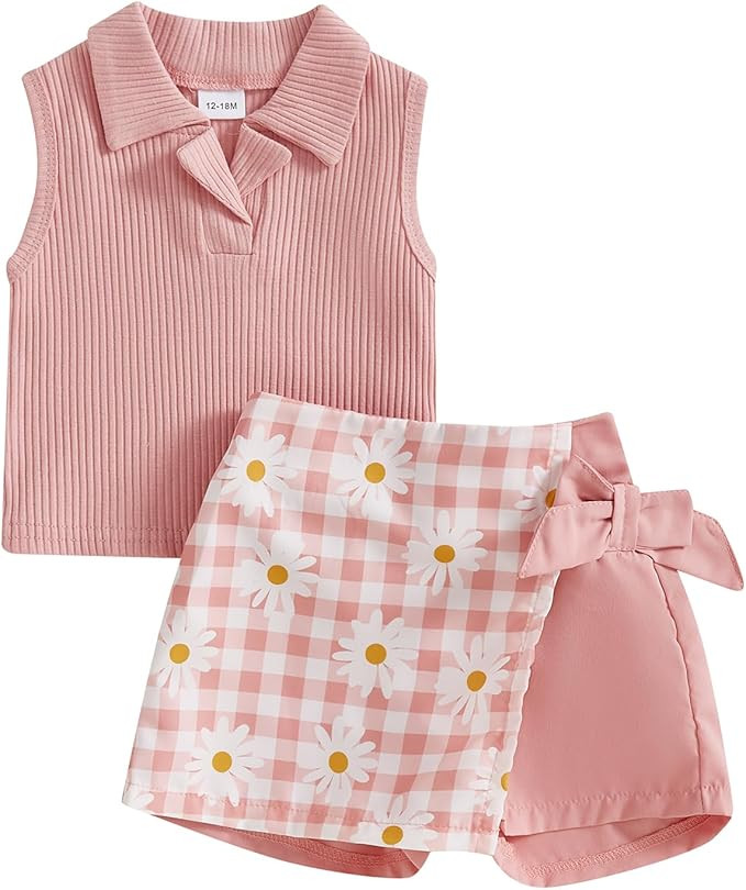 Madjtlqy Toddler Baby Girls Summer Outfit Sleeveless Ribbed Collared Tank Tops + Floral Skirt Sho... | Amazon (US)