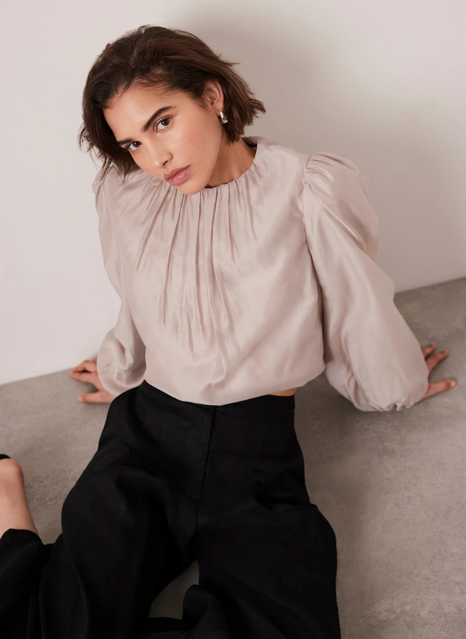 Neutral Sheer Puff Sleeve Blouse | Mint Velvet