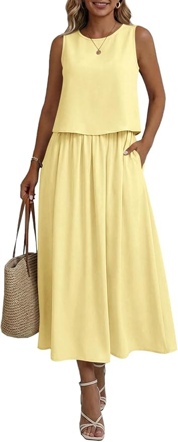 Wenrine Womens Summer 2 Piece Skirt Sets Casual Sleeveless Tank Tops Loose Elastic Waist Maxi Ski... | Amazon (US)