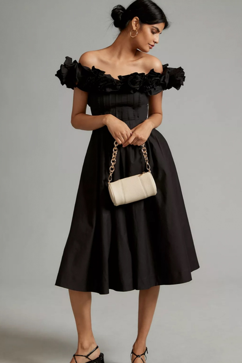 Off the shoulder black dress with ruffle neckline and sleeves. Midi length skirt that’s perfect for date night or as a classy wedding guest dress

#LTKstyletip #LTKxAnthro #LTKwedding