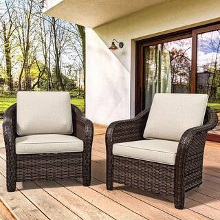 Stylish 2-Piece Wicker Outdoor Lounge Chair with Beige Cushion | The Home Depot