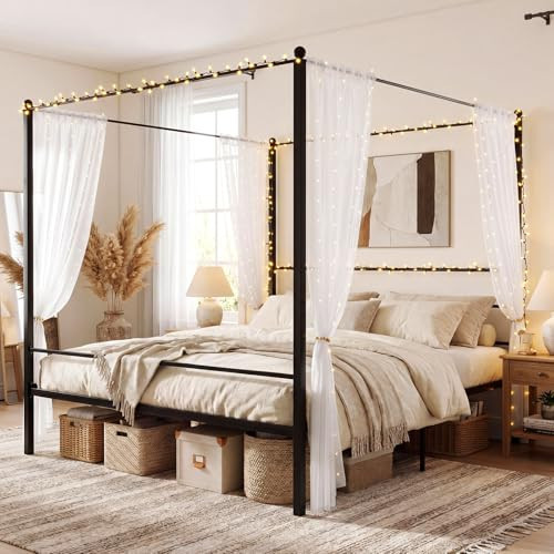 Giantex King Size Metal Canopy Bed Frame, Modern Platform Bed Frame with 4 Poster & Headboard, Mattress Foundation with Sturdy Metal Slat Support, No Box Spring Needed, Easy Assembly, Black | Amazon (US)