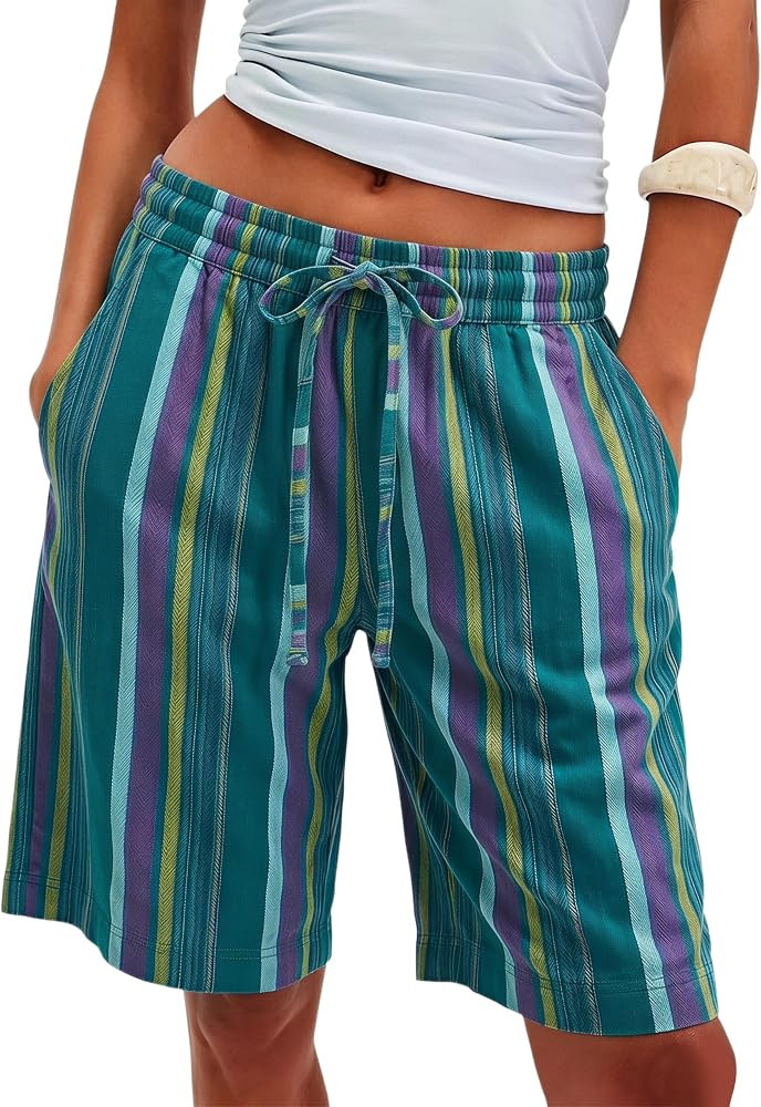 MISSACTIVER Women Stripe Bermuda Shorts Knee-Length Drawstring Elastic Waist Wide Leg Baggy Short... | Amazon (US)